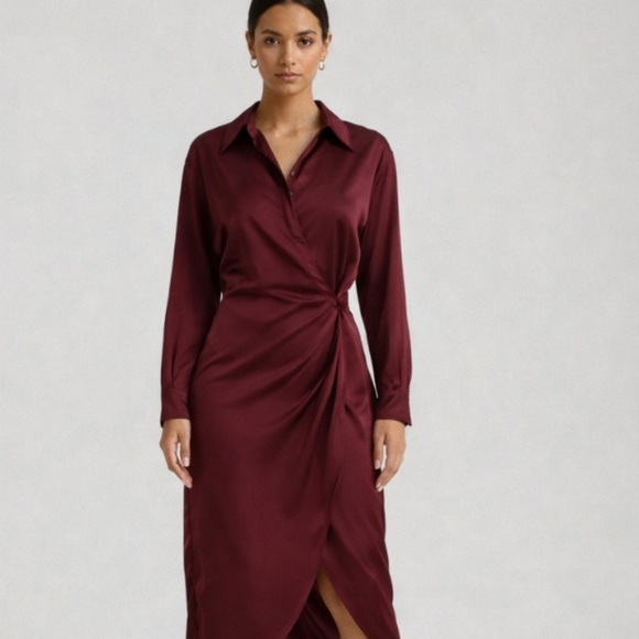 Astr The Label | Satin Wrap Shirt Dress Burgundy NWT - Picture 7 of 11